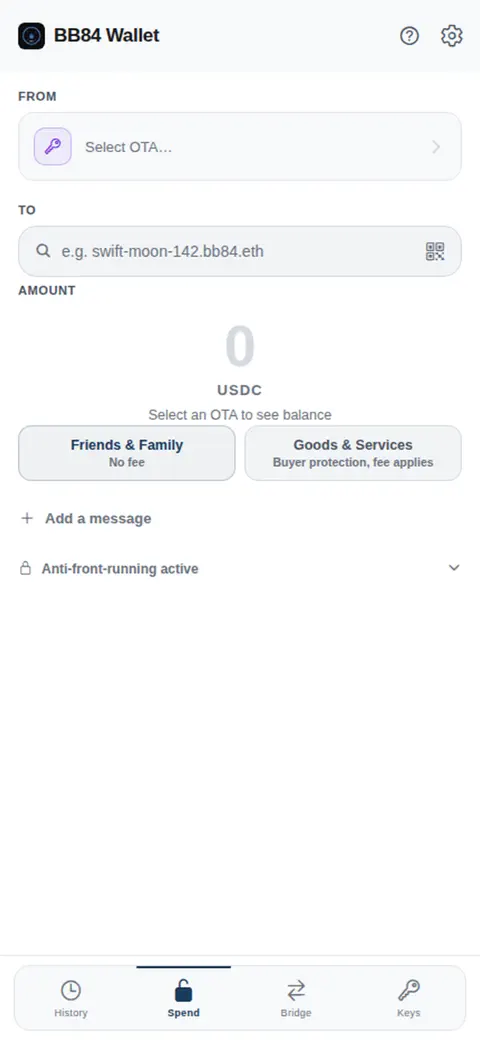BB84 Wallet Sendebildschirm mit Benutzername als Empfänger und USDC-Betrag