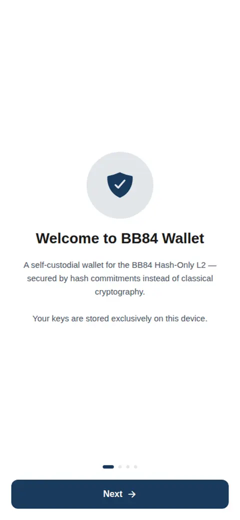 BB84 Wallet Willkommensbildschirm: selbstverwahrte Wallet, gesichert durch Hash-Commitments